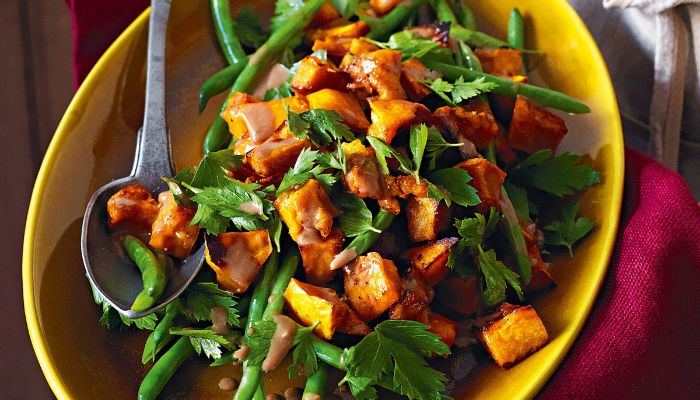 Roasted spicy squash, nuts and beans
